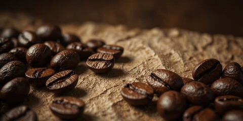 Fototapeta premium Coffee beans on crumpled paper background, rustic aesthetic Food and beverage concept.