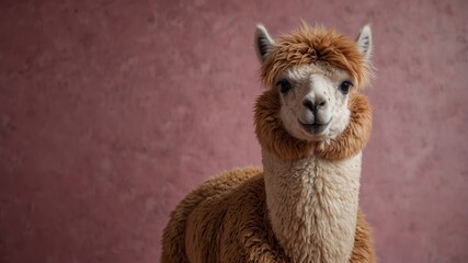 Alpaca Standing in Front of Pink Background.