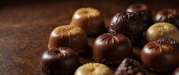 assorted gourmet chocolates rich flavors brown background copy space.