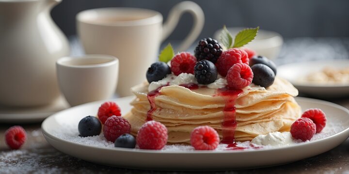 A fluffy crepe filled with a mixture of wild berries and served with a side of vanilla bean ice cream.