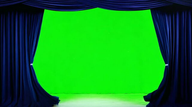 Stage Curtain Reveal: Blue velvet stage curtains dramatically pull back to reveal a vibrant green screen, perfect for cinematic or theatrical productions.  