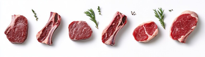 Fototapeta premium Raw Beef Steaks and Ribs with Herbs and Peppercorns