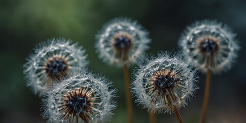 Close-up of delicate blue dandelion seed heads.
