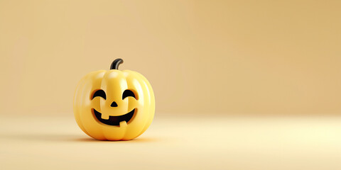 Cute Halloween pumpkin at plain orange background banner with copy space.