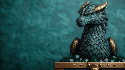 Majestic Griffin Guarding Ancient Treasure Chest - Fantasy Creature with Emerald Wealth, Copy Space, 8K High Detail Illustration