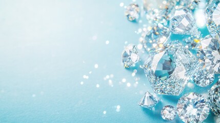 Diamonds glistening on a light blue background with soft sparkles, highlighting clarity and elegance.