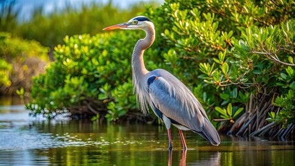 Fototapeta premium A majestic great blue heron stands tall in a serene Florida wetland, its feathers a soft gray and white, surrounded by lush green mangroves.