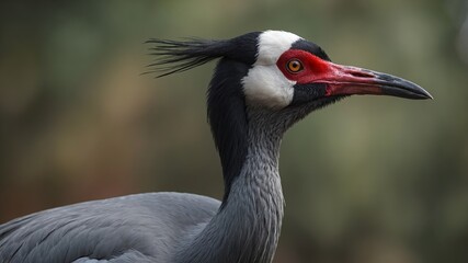 Close-up of a black-necked crane with a vibrant red beak.