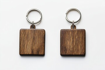 A mock up of a blank wooden square tag on a chain, seen from the side