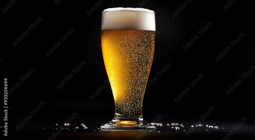 Aufkleber an empty transparent beer glass mockup with white labels on a dark background