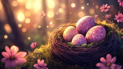 Nest of pastel Easter eggs nestled in moss and wildflowers, bathed in soft sunlight in a serene forest setting. Peaceful and natural spring scene.