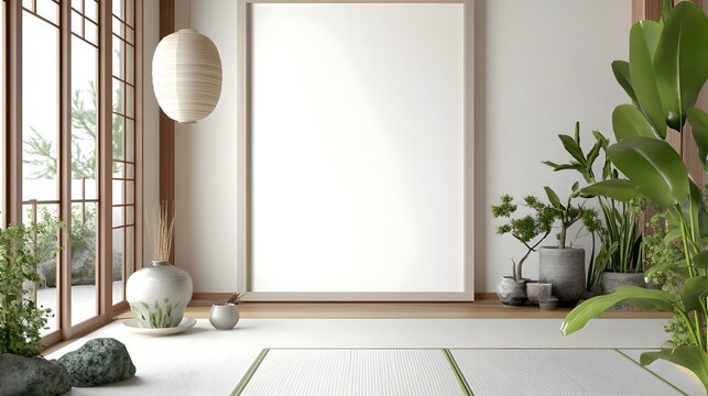 Minimalist Japanese inspired mockup of a white background frame set against a calming zen like home interior with natural materials and accents for a serene elegant living space