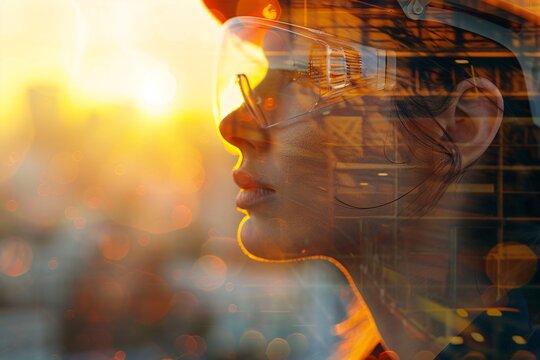 A double exposure image blending an engineer's silhouette with a vibrant cityscape illuminated by a sunset, symbolizing innovation and foresight in urban development