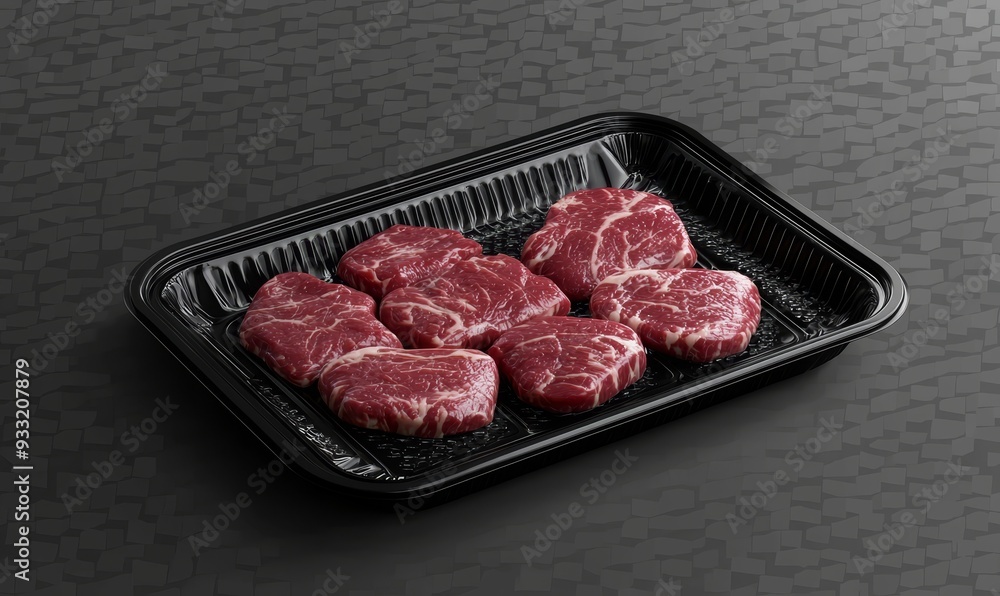 Poster a mockup stack of a blank transparent plastic beef tray with white labels