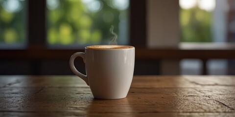 Fototapeta premium A cup of coffee sitting on top a wooden table.