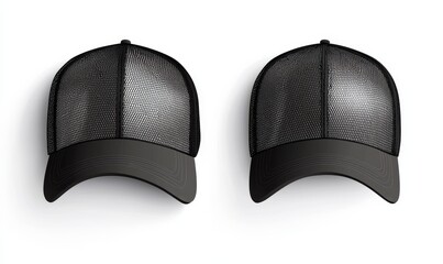 Black baseball and trucker hat mockup, no gravity