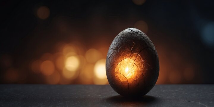 A cracked dinosaur egg revealing a mysterious glowing light inside, placed on the right side of a dark, fantasy background.