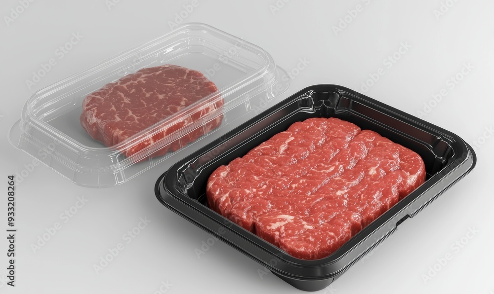 Poster mockup of a transparent plastic beef tray with a white label on both sides