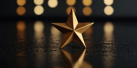 golden star reflecting on a smooth, dark surface, symbolizing premium feedback in a minimalist.