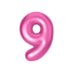 Pink metallic number 9. Foil and latex balloon number nine in 3d style. Realistic design elements isolated on white background. Vector illustration