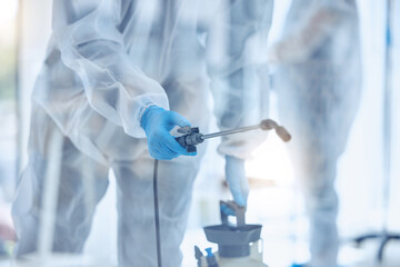 Hospital, cleaning and people with equipment in disinfection for contamination, safety and...