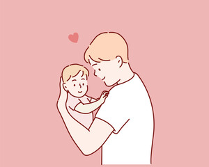Child Care. Portrait Of Happy  Father With Infant Baby In Arms Standing Near Window At Home. Hand drawn style vector design illustrations.
