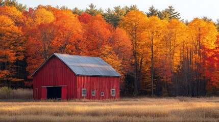 Rustic red barn surrounded by vibrant autumn trees in a peaceful rural setting