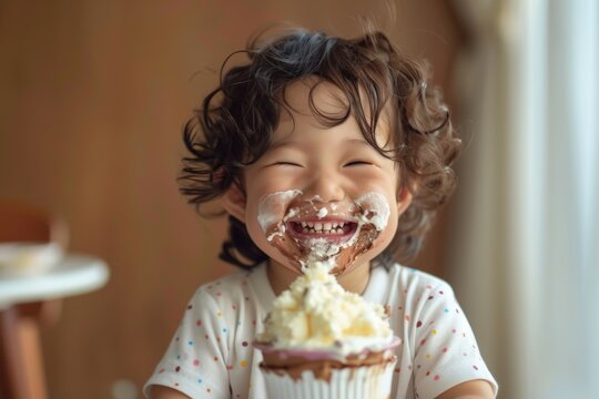 Asian infant curly hair grinning from ear to ear. Happy asian boy curly hair beaming delight. Endless curiosity and wonder seen early childhood exploration.