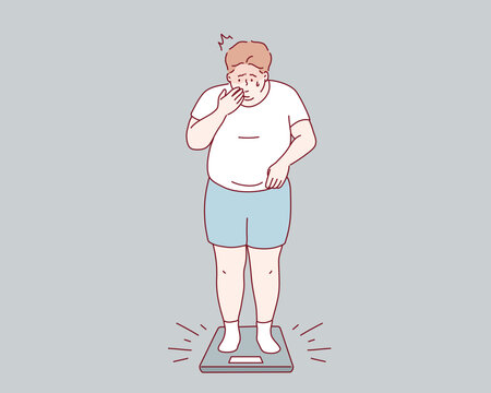 Overweight and Obese people concept. Fat obese sad man standing on scales having weight problems feeling stressed. Hand drawn style vector design illustrations.