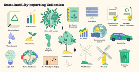 Sustainability reporting to reduce CO2 tiny person neubrutalism collection. Labeled environmental and ecological elements vector illustration. Climate change awareness and green business governance.