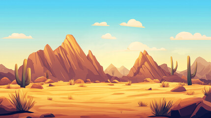 Desert landscape with mountains and cactuses. Cartoon vector illustration