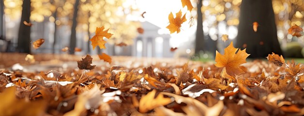 Autumn leaves blanket the ancient Greek temple in vibrant orange hues