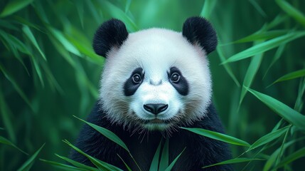 Fototapeta premium Majestic Panda Bear in Sapphire Glistening Bamboo Forest - High Detail 8K Image with Copy Space for Text