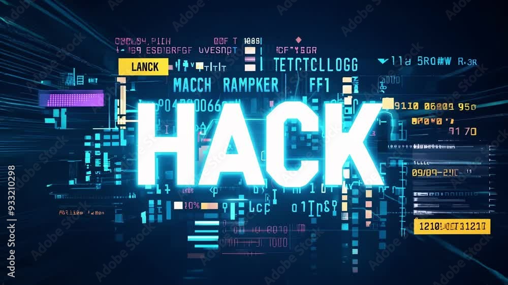 Poster futuristic digital animation showcases the word hack emerging on screen, accompanied by shifting num