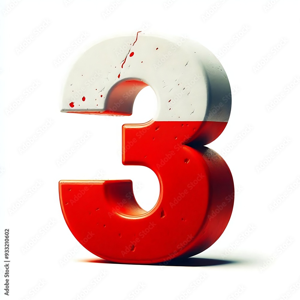 Poster the number 3 is red and white with a splatter of red paint on it. the splatter gives the number a mo