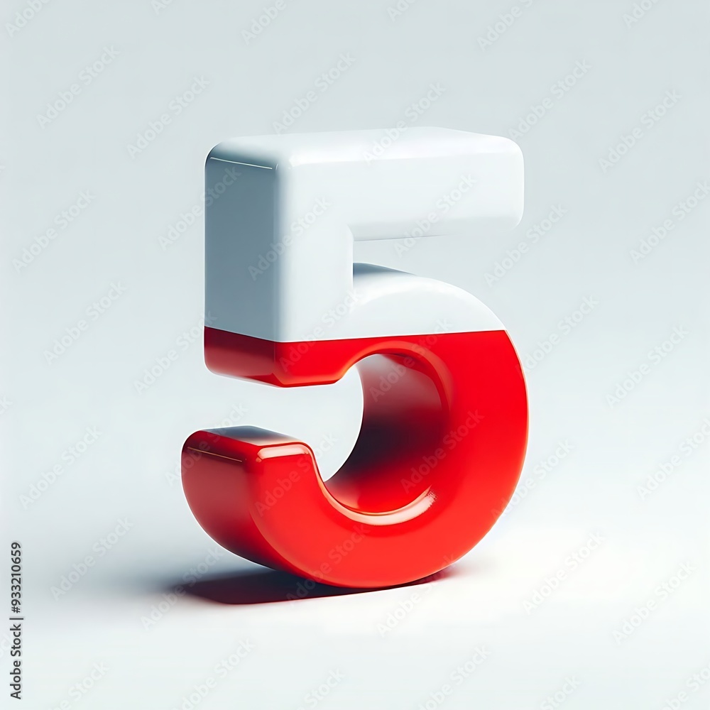 Poster a red and white number 5 is shown in a 3d form. the number is made up of two parts, a red and white 