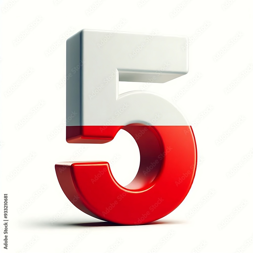 Poster a red and white number 5 is shown in a 3d form. the number is surrounded by a red and white border, 
