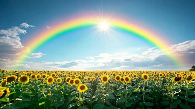 Rainbow over sunflower field landscape. Peaceful and serene ambiance. Beautiful nature scenery. 