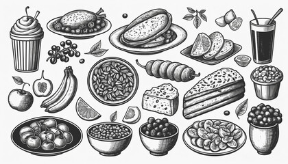 Doodles nourriture repas aliments &eacute;l&eacute;ments isol&eacute;s comic cartoon.