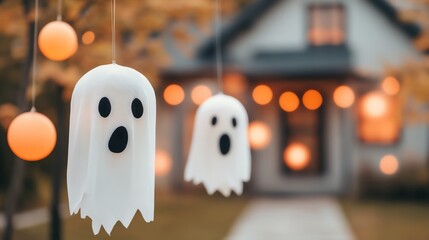 House decorated with ghosts hanging from the trees and glowing orbs