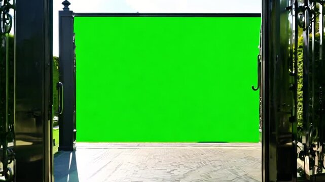 Open Gate to Possibilities: Grand iron gates swing open, revealing a vibrant green screen, inviting viewers to step into a world of endless creative potential.