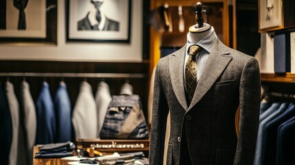 Fototapeta premium Mannequin with tailored shirt, tie and jacket in luxury designer atelier or tailoring studio. Table with tools, drawings and sketches of future clothes. Fashion, hand craft and couturier concept
