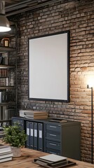 Minimalist Vintage Industrial Style Home Office Mockup with White Background Frame and Metal Shelving,Exposed Brick Wall,and Filing Cabinets