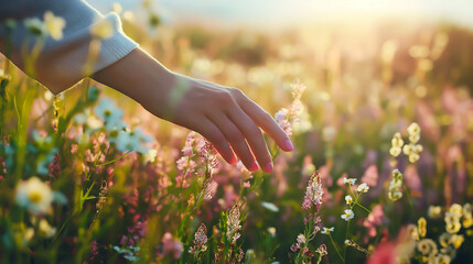 Close up hand of woman touching flowers blossom in field