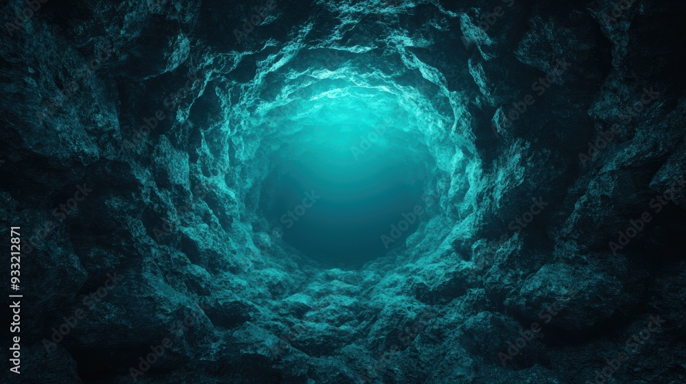 Poster enchanting sea cave illuminated by luminescent gems | magical ocean grotto background with copy spac