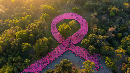 Crowd of people forming pink ribbon shape during breast cancer event

