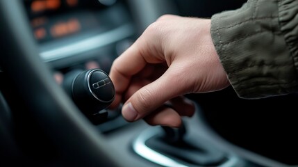 Fototapeta premium Man's hand switches manual transmission closeup