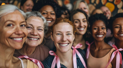 Fototapeta premium Diverse group of women smiling together with pink ribbons 