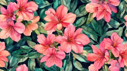 Obraz premium Vibrant watercolor flowers with pink petals and lush green leaves, perfect for floral designs and nature-themed projects.