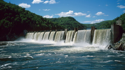 Fototapeta premium Majestic dam with cascading water surrounded by lush greenery and blue skies. scene evokes sense of tranquility and natural beauty. 